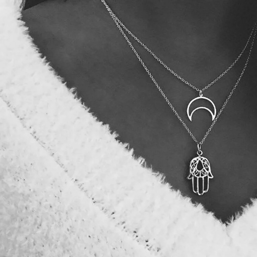 Hamsa and Half Crescent Moon Necklace Zen